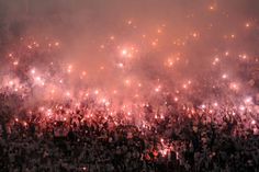 a large group of people are watching fireworks