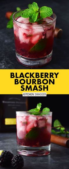 the blackberry bourbon smash is served in a glass and garnished with mint