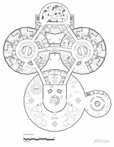 the floor plan for an apartment complex with several rooms and two floors, including a circular dining