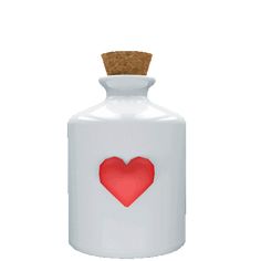 a white bottle with a red heart cut out of the top and corked cap