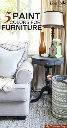 a living room filled with furniture and a lamp on top of a table next to a window