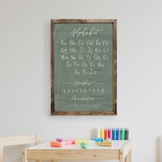 a chalkboard with some writing on it in a child's playroom area