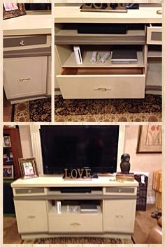 four different views of an entertainment center with drawers