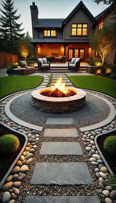 a fire pit in the middle of a yard