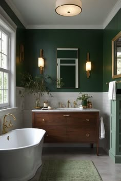 a bath room with a tub a sink and a mirror on the wall next to a window