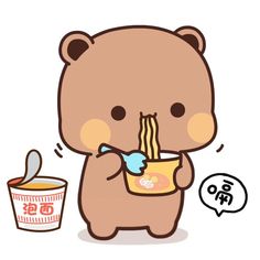 a brown bear eating noodles from a bowl