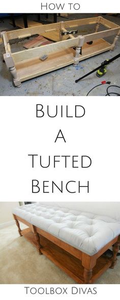 a bench made out of wood with the words how to build a tufted bench