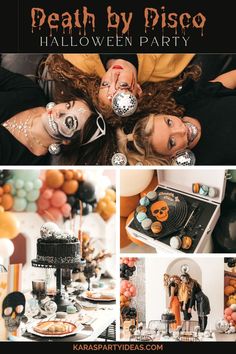 halloween party collage with two women in costumes and decorations on the table, including cake