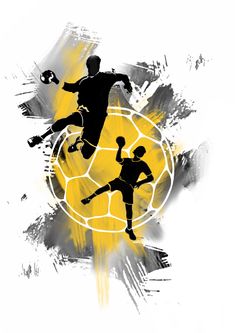 two soccer players are kicking the ball in front of an abstract yellow and black background