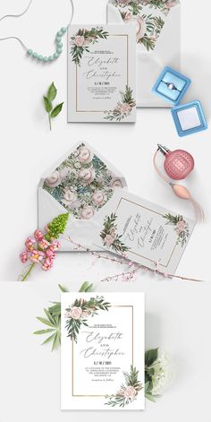 the wedding stationery is laid out on top of each other, and ready to be used