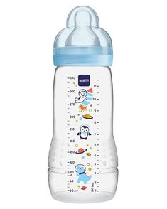 a baby bottle with an animal design on the side and blue trim around the neck