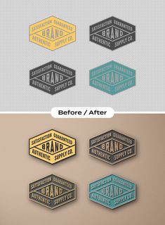 the before and after photoshopped logo design for brand identity, with different colors