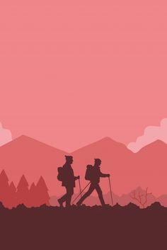 two hikers are walking in the mountains at sunset or dawn with backpacks on