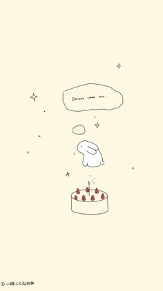 a drawing of a cake with berries on it and a thought bubble above the cake