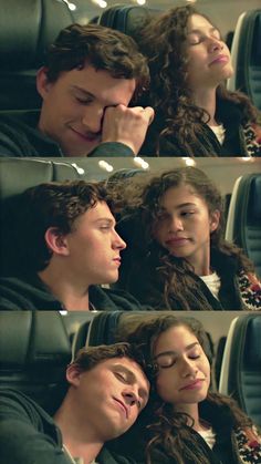 two people sitting in an airplane with their eyes closed