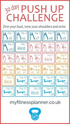 the 30 day pushup challenge is shown in red, blue and orange with an image of