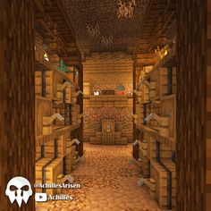 the inside of a minecraft building with lots of shelves