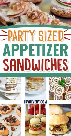 party sized appetizer sandwiches with text overlay