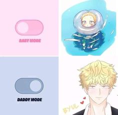 four different images with the same character in each one's life cycle, including baby more and daddy mode