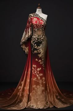 Fire Themed Dress, Phoenix Dress Gowns, Dress Fantasy Art, Dragon Dress Fantasy Gowns, Red Fantasy Dress, Dress Trends 2023, Wedding Dresses Timeless, Neckline Styles, Phoenix Dress