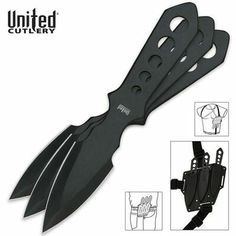 the knife has four blades attached to it's sheaths and is black with white accents