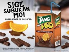 an advertisement with orange slices and chocolate milk