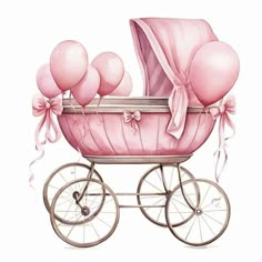 a pink baby carriage with balloons in it