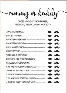 a printable baby shower game with the words,'mommy or daddy'on it