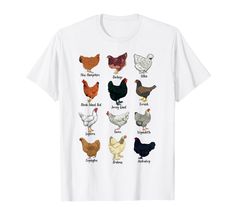 a white t - shirt with different types of chickens on it