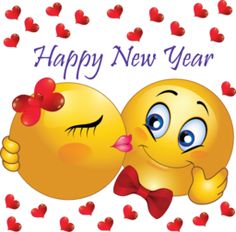 two yellow emoticions hugging each other with hearts around them and the words happy new year