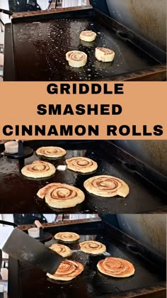 there are some cinnamon rolls being cooked on an outdoor grill with the words, griddle smashed cinnamon rolls