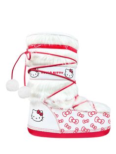 Hello Kitty snuggles her way into this comfy boot. The Blizz features a white vegan fur upper with printed vegan leather detailing. It also includes a red rubber outsole and white pom poms on the red laces. Hello Kitty Heels Dolls Kill, Jordan Shoes Hello Kitty Color, Basketball Shoes Hello Kitty, Hello Kitty Build A Bear Clothes Uk, Styling Pink Moon Boots, Chrustmas Shoes, Hello Kitty Ugg Boots, Hello Kitty Bape Shoes., Cheap White Hello Kitty Backpack