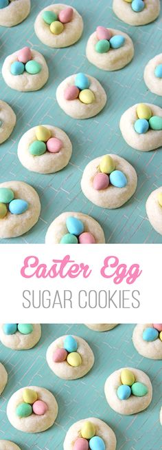 easter egg sugar cookies on a cookie sheet with text overlay that reads, easter egg sugar cookies