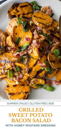 grilled sweet potato and bacon salad with honey mustard dressing on a white platter