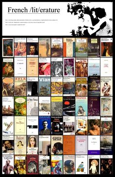 the french literature poster is shown in black and white, with many different pictures on it