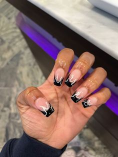 black y2k french tip with white flames French Tip Nails With Flames, Black And White Flame Nails, Y2k French Tip, Black Frenchies, White Flames, Black French Tips, Nail Rhinestones, French Tip Acrylic Nails, Y2k Nails