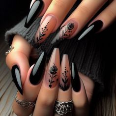 #fashion #recipe #маникюр Black Nails Wedding, Acotar Inspired Nails, Gothic Wedding Nails, Black Coffin Nails Design, Mafia Nails, Black And White Nails, Goth Nails, Coffin Nails Designs