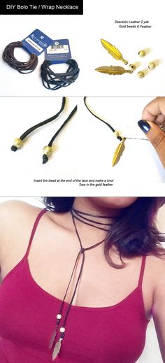 two pictures showing different types of necklaces and cords on the same woman's chest