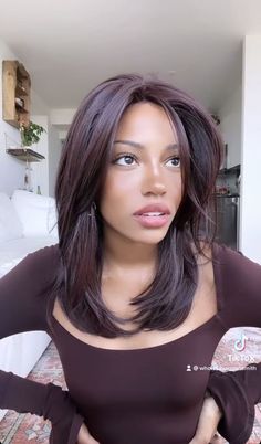 Romantic Layers Hair, Semi Dark Brown Hair, Dark Cola Hair Color, Hair Inspo Color Shoulder Length, Hair Colors For Neutral Undertones, Cool Amethyst Hair Color, Cherry Brown Hair Black Women, Dark Feminine Hair Color, Dark Red Hair Color Short