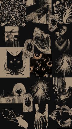 black and white collage with images of people, cats, and other things in them