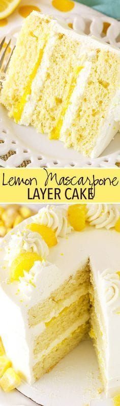 a lemon macaroni layer cake on a white plate with a slice cut out