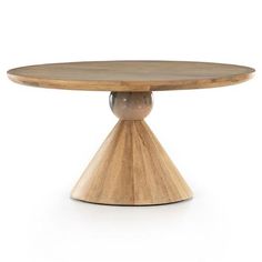 a round wooden table with two legs and an oval top, on a white background