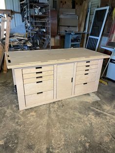 an unfinished workbench in a garage