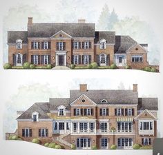 two renderings of the front and back of a large brick house with white windows