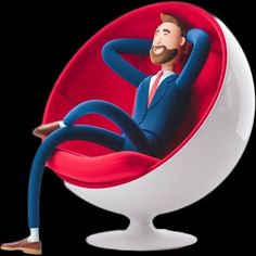 a man sitting in a ball chair with his feet on the ground and arms behind him