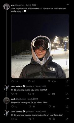 a person wearing ski goggles standing in the snow at night with an instagram