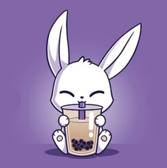 a cartoon bunny holding a drink in front of its face