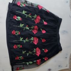 Women's Black Midi Skirt With Red Roses Applique. Black Lining. Elastic Waistband. Size L But Fits Smaller. Never Worn, Perfect Condition. Roses Embroidery, Rose Skirt, Rose Embroidery, Black Midi Skirt, Black Midi, Dream Board, Women Skirts Midi, Black Skirt, Halloween Ideas