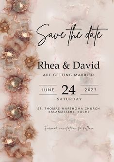 save the date card with gold and white flowers on marbled paper, in black ink