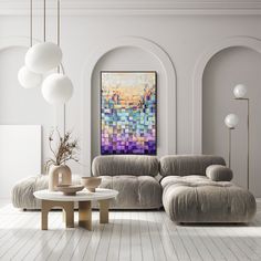 a living room with two couches and a coffee table in front of a painting on the wall